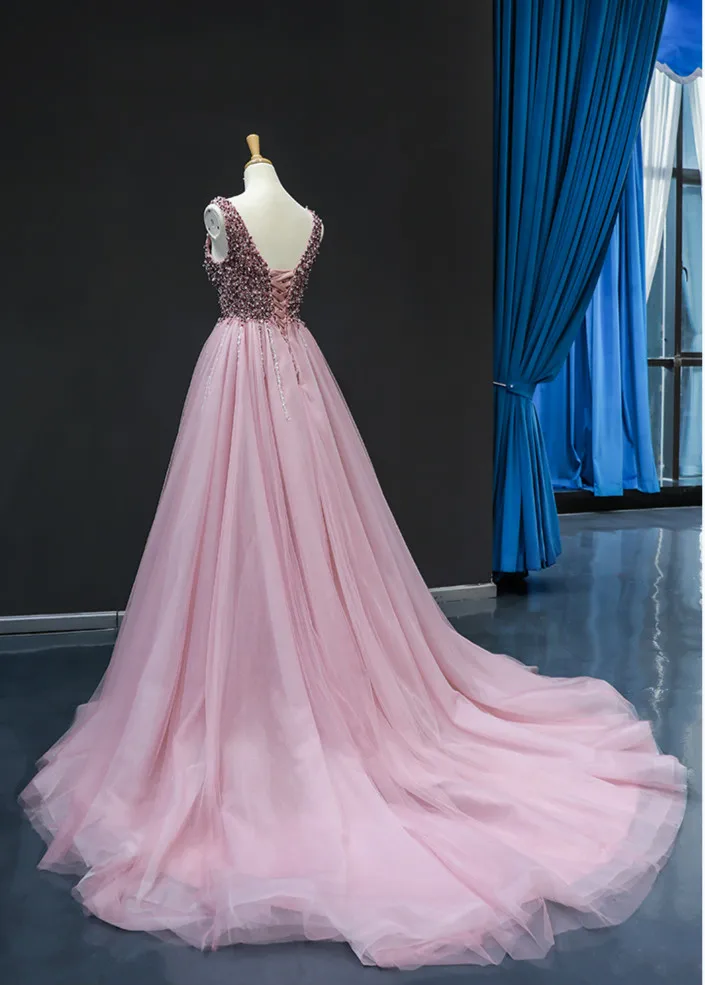 

Beadings Crystal Evening Dresses Long 2020 A-Line Train Arabic Formal Dress Backless Prom Party Gown Robe de Soiree