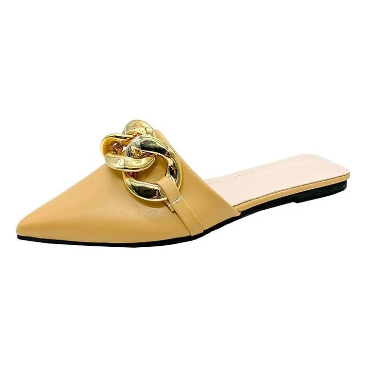 

Female Shoes Slippers Casual Low Loafers Cover Toe Rivet Slides 2021 Luxury Soft Flat Summer Rubber Concise Metal Decoration Fab