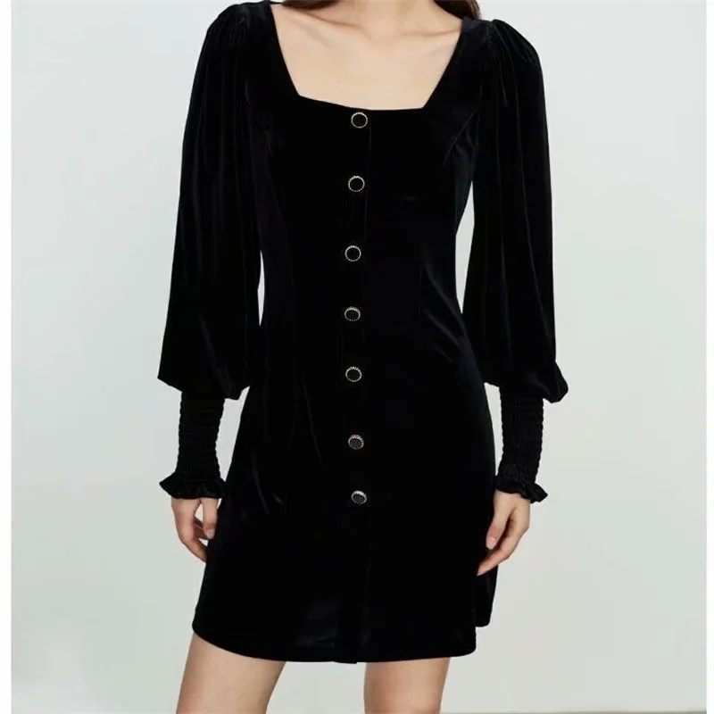 

Женское бархатное платье-мини на пуговицах, винтажное модное плотное платье с квадратным вырезом и рукавами-фонариками, 2021