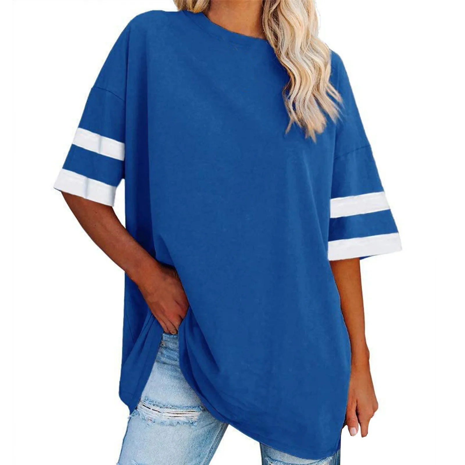 

Размера плюс, Женские топы и блузки женские повседневные летние топы свободного кроя с круглым вырезом 3/4 с расклешенными рукавами Блузы Mujer...