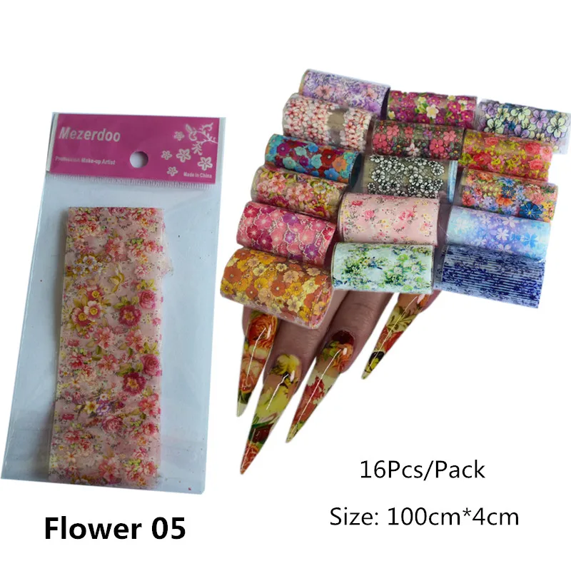Flower05 -16Pcs 8/10/16 шт инструментов для ногтей Фольга передачи комплект наклейка для ногтей Стикеры 4*100 см цветок газета новости смешанные нейл-арта украшения клей обертывания - Цвет: Flower05 -16Pcs