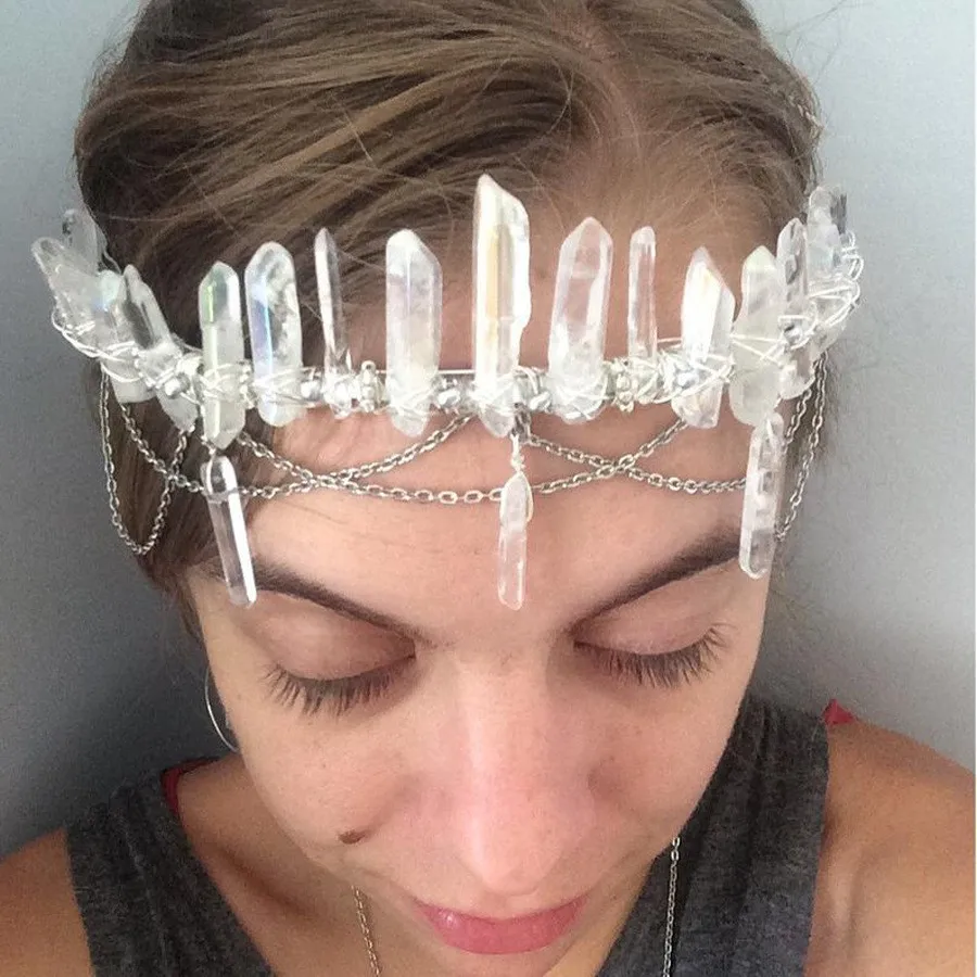 

Handmade natural crystal Raw Quartz crown headband strap chain Tassel bride party wedding bridesmaid hair accessory jewelry Gift