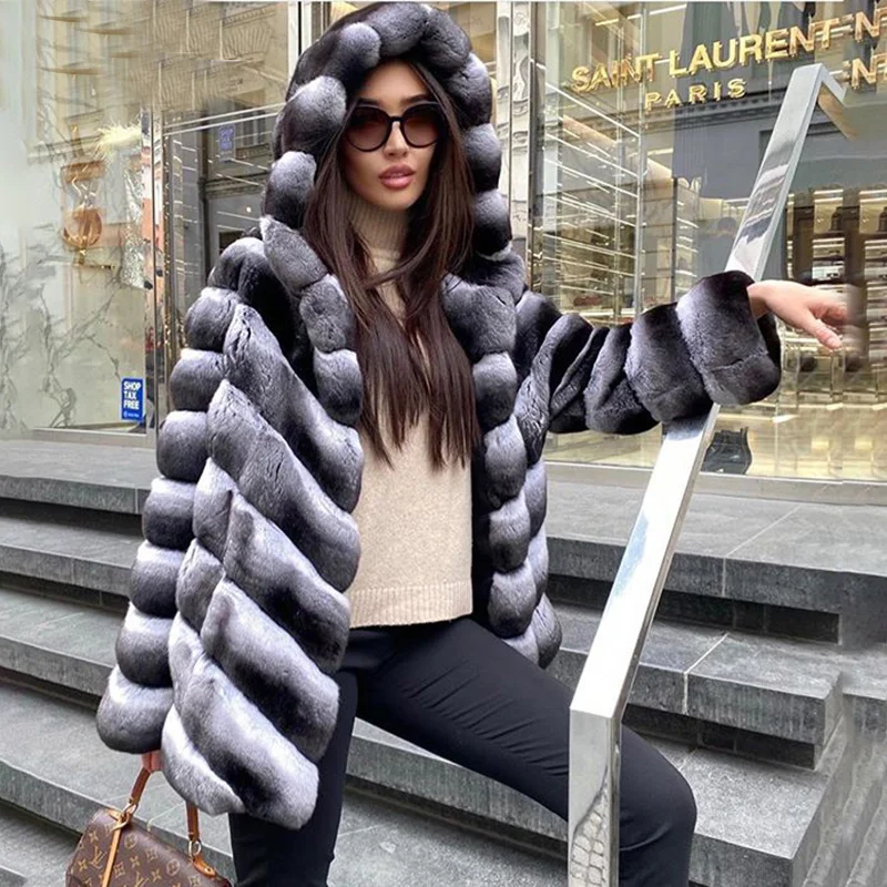 Mid-length Real Rex Rabbit Fur Jacket with Hood 2022 New Fashion Chinchilla Color Genuine Rex Rabbit Fur Coat Warm Fur Overcoats