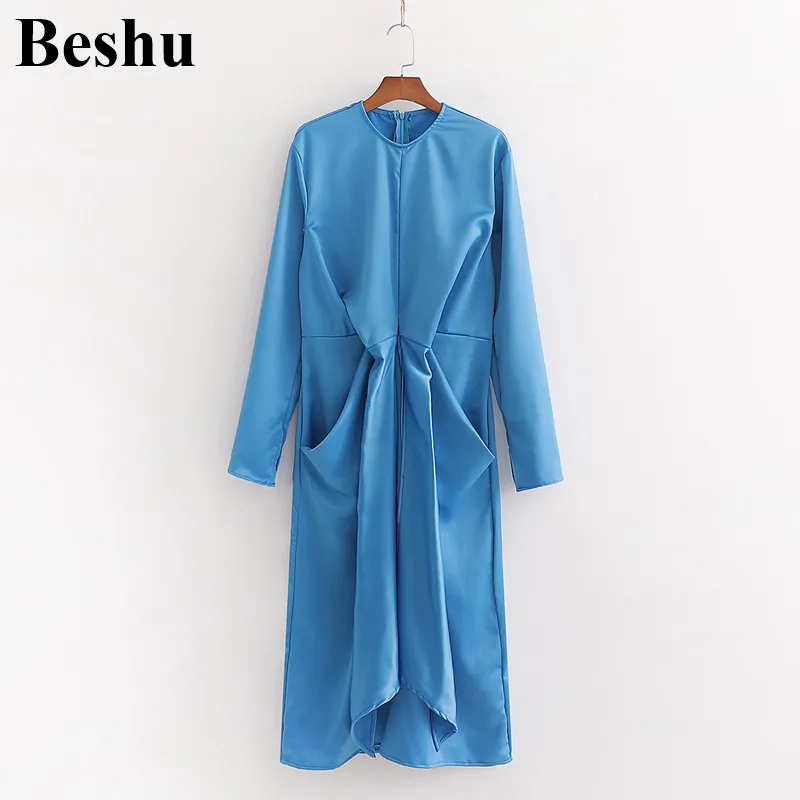 Za 2020 модное длинное женское платье из голубой ацетатной ткани с круглым вырезом