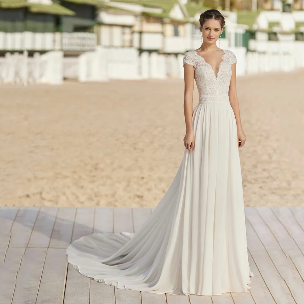 

UZN Chic Ivory Princess Lace Tulle Boho Wedding Dresses Sweetheart Neck Cap Sleeves Bride Gowns Zipper Back Wedding Gown Robes