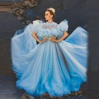 Элегантные Синие тюлевые официальные платья с высоким воротом кружевные с оборками пышные плечи с оборками Длинные женские вечерние платья для фотосессии