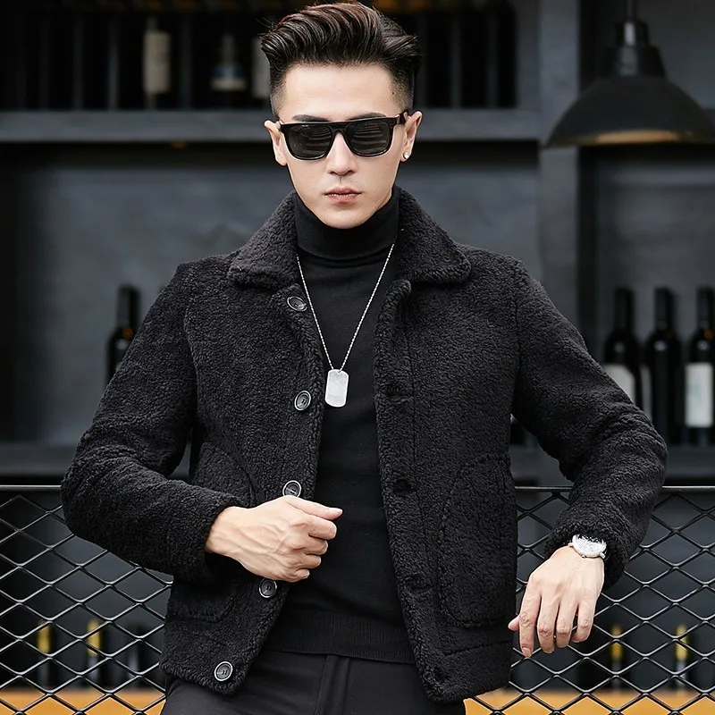 Winter Mens 100% Wool Shearling Jacket Warm Suede Leather 5XL Overcoat Single Breasted Short Real Lamb Fur Coat | Мужская одежда