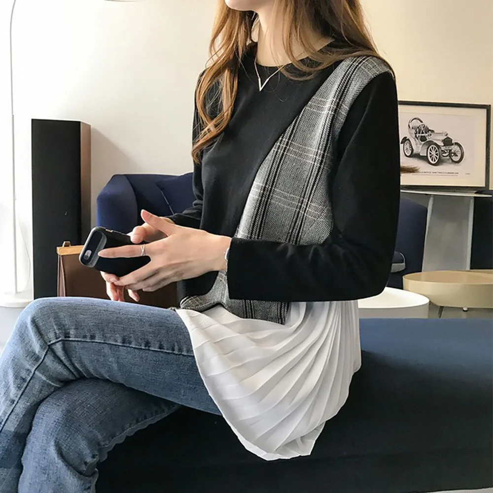 Женская футболка в клетку Корейском стиле черная Весенняя с длинным рукавом