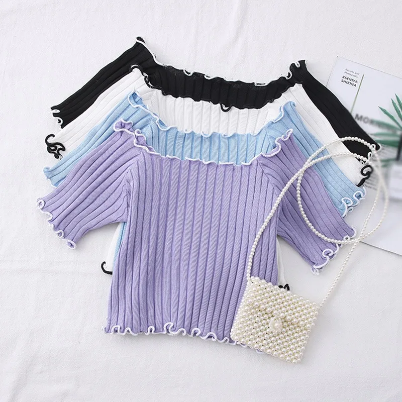 

Slash Neck Knitted T Shirt Women Korean Fashion Ruffles Short Sleeve T Shirts Female Casual Tee Top