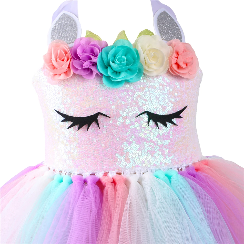 

Sequins Unicorn Costume for Girls Halloween Birthday Party Princess Unicorn Dress Up Outfit Pastel Flowers Tulle Kids Tutu Dress