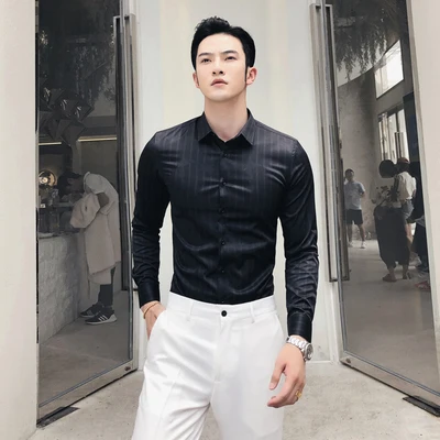 Мужская Повседневная рубашка в Вертикальную Полоску с длинным рукавом Корейская