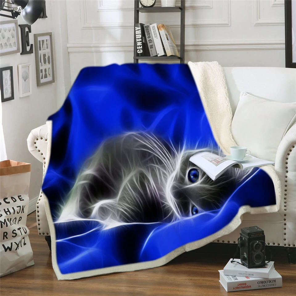 

Cat Throw Blanket on Bed 3D Animal Plush Sherpa Blanket Pet Siamese Bedspreads Fur Print Thin Quilt Drop Ship