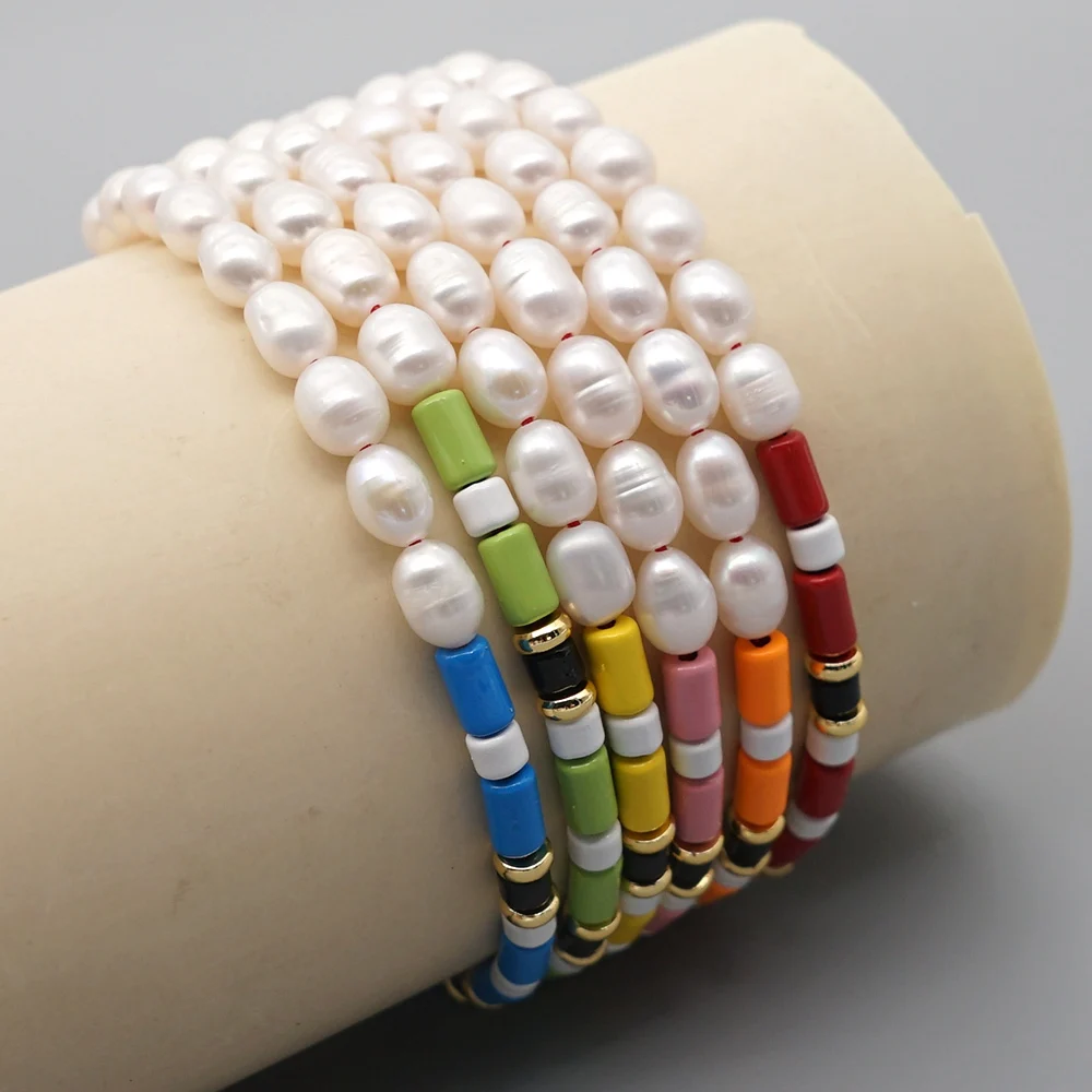 

Shinus Enamel Bracelets Boho Jewellery Bracelet For Women Natural Pearl Tube Beads Armband Bijoux Femme Summer Ladies Jewelry