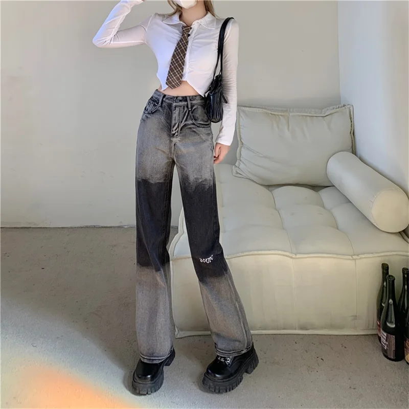 

Streetwear Harajuku Style Denim Trousers Fashion Personality Gradient Design Women's Jeans High Waist Straight Cowboy Pants