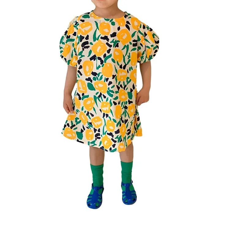 Детское Хлопковое платье с коротким рукавом и цветочным принтом | Детская одежда