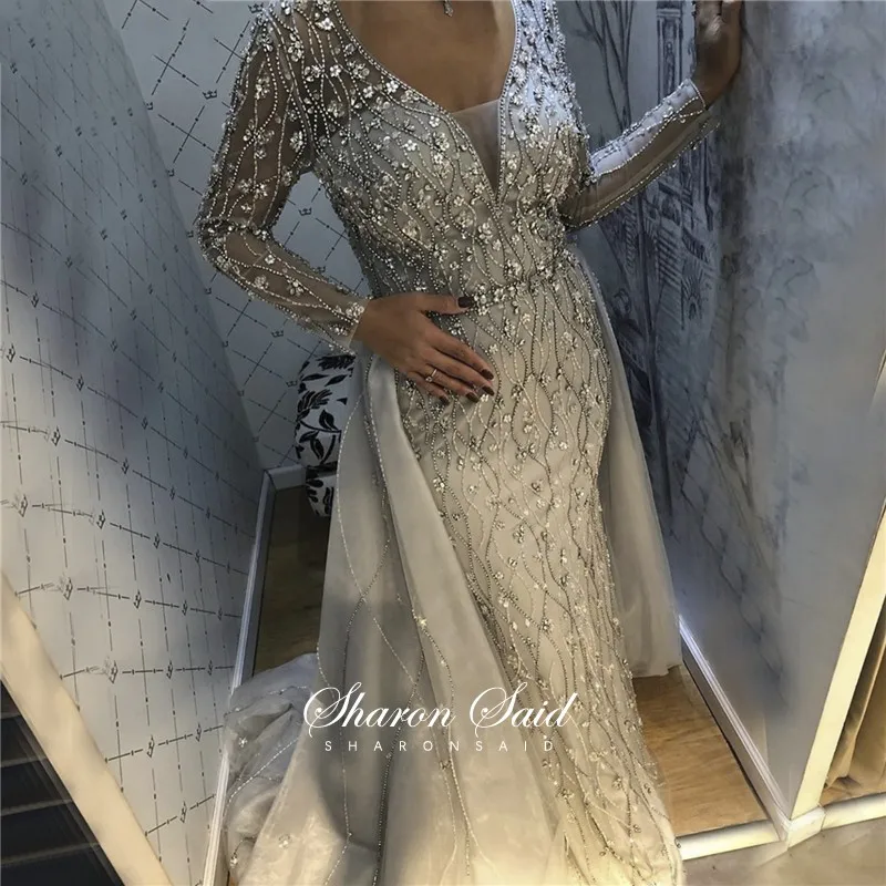 

Luxury Dubai Silver Muslim Evening Dress Long Sleeve Overskirt Beading Arabic Formal Party Gowns for Wedding Women Prom Dresses