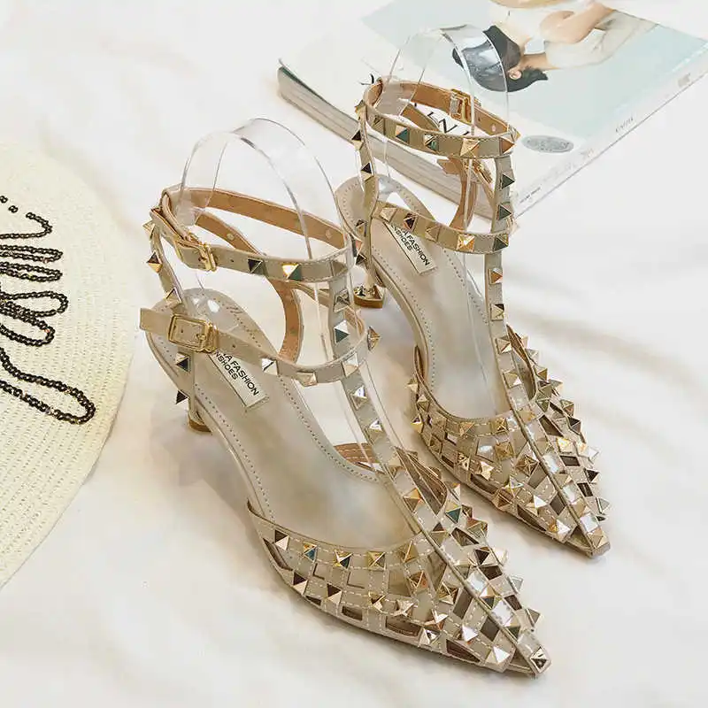 

heel belt all-match high heel thin belt sandals women's summer rivet thin