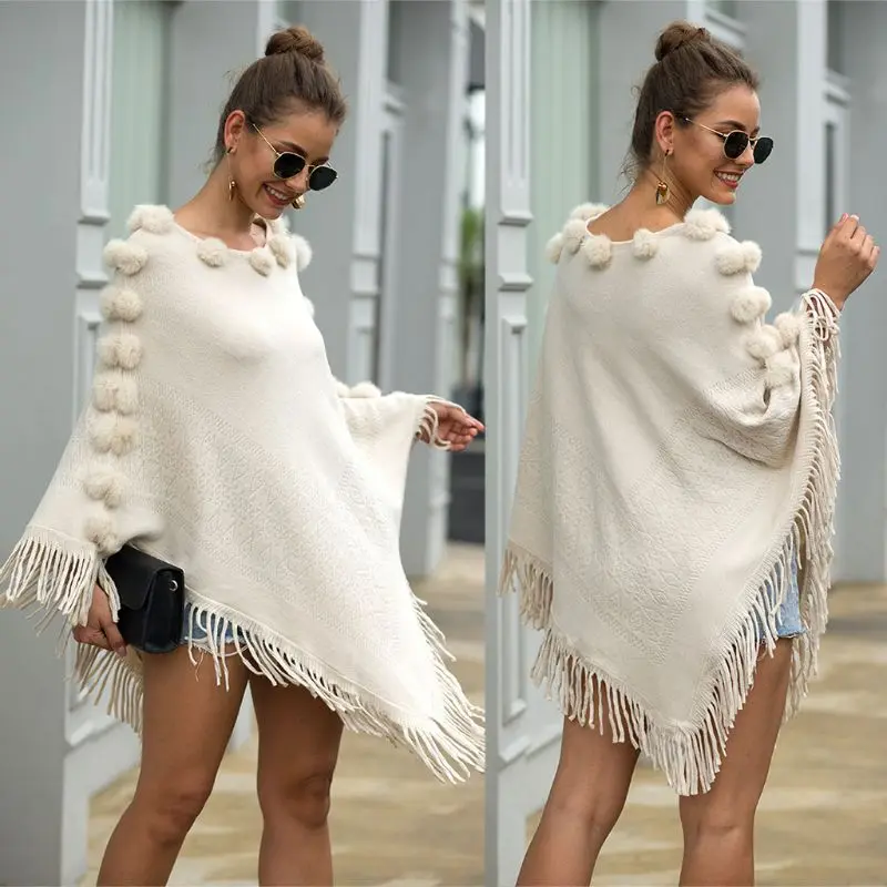 

Women Winter Knit Pullover Sweater Top Cute Fluffy Pompom Fringe Tassels Hem Shawl Wrap Irregular Poncho Cape Cloak