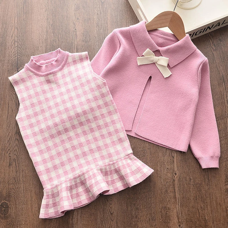 

New Autumn Infant Baby Girls Long Sleeve Knitted Sweater + Dress 2 Pcs Clothing Sets Kids Girl Suit Clothes