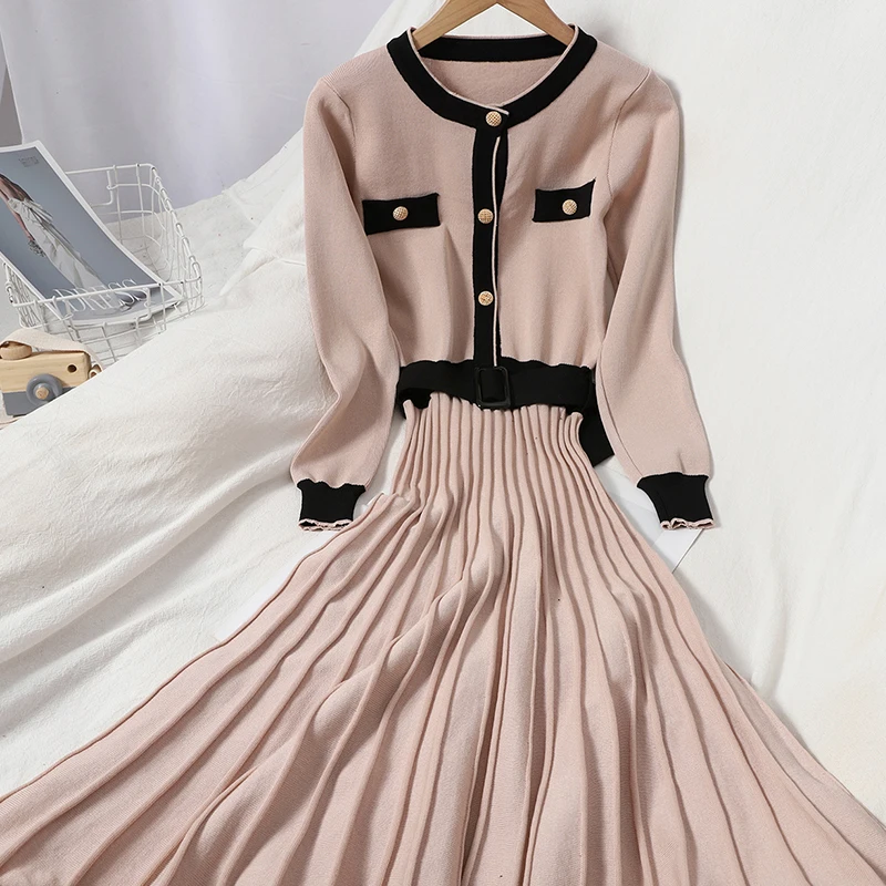 

Autumn Winter Women's Knitted Pleated Dress Casual O-Neck Single Breasted Patchwork Vestidos Female Long Sleeve Beige/Black Robe