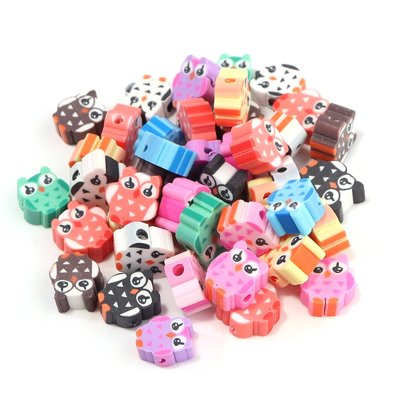 50Pcs/Lot 10x9mm Polymer Clay Owl Animal Beads Buautiful Mix Color Accessories For Jewelry Earring Bracelets DIY