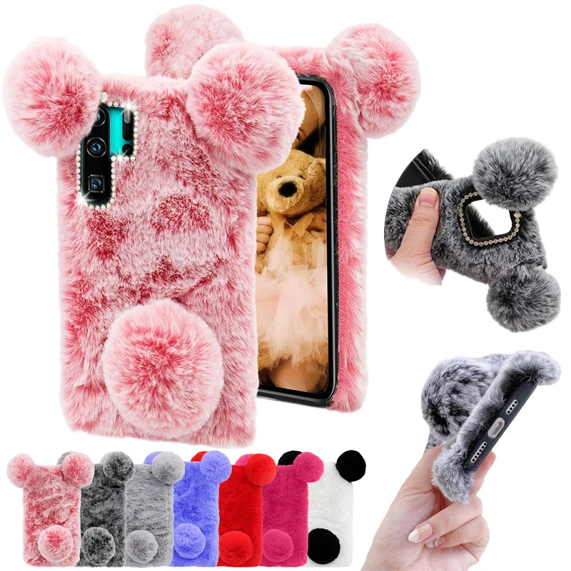 

Luxury Diamond Case For Huawei P40 P30 Pro lite E 5G P20 P10 Pro lite Mate 30 20 10 9 Pro lite Cute Plush Panda Ears Phone Cover