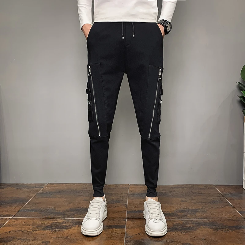 

Fashion 2021 Side Zipper Design Harem Pants Men Clothing Simple All Match Slim Fit Casual Joggers Trousers Hip Hop Black 36-28