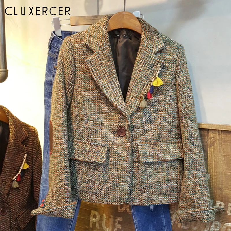 Женский шерстяной пиджак осенне зимний винтажный в клетку повседневный