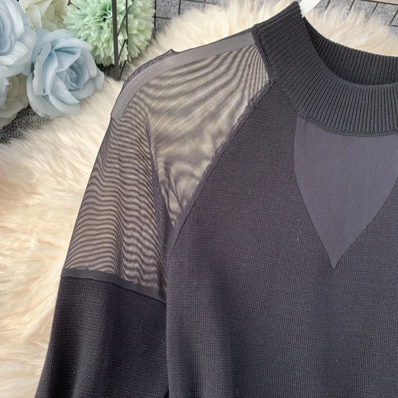 Long Sleeve Women Dress 2020 Autumn Mesh Patchwork Knitted Boho Beach Dresses Female Casual Black Mini Party Vestido | Женская одежда