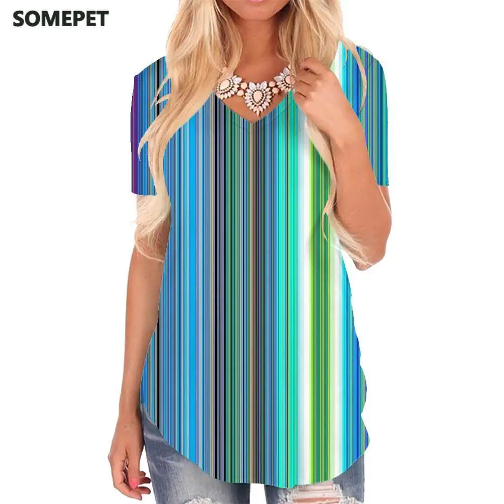 

SOMEPET Colorful T Shirt Women Gradient Tshirts Printed Stripe Shirt Print Rainbow V-neck Tshirt Womens Clothing Fashion Loose