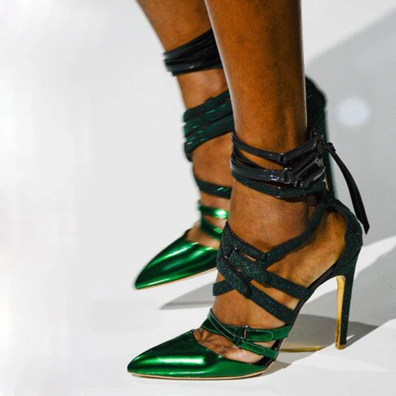 

Женские кожаные босоножки с острым носком, Подиумные Зеленые босоножки-гладиаторы с тонкой пряжкой и ремешком, туфли на высоком каблуке разных цветов