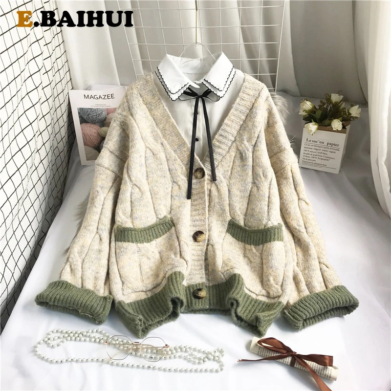 

EBAIHUI Sweater Cardigan Women's Japanese Tyle Loose Solid Outer Wear Autumn Winter Mid-length 2021 New Thick Sweater Coat