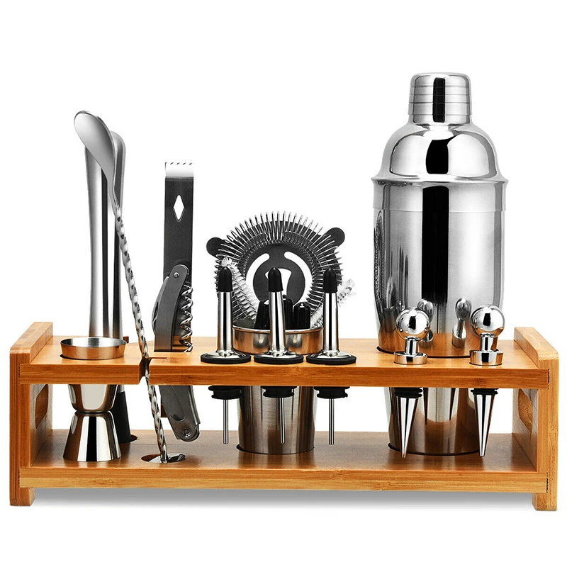 

23 PCS Professional Stainless Cocktail Shaker Bamboo Stand Set High Quality Stainless Steel Beginners Bar Home Shaker Set
