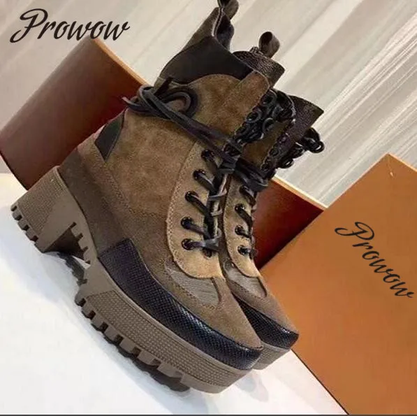 

Prowow Khaki Genune Leather Gladiator Lace Up Platform Autumn Winter Boots Round Toe Thick Heel High Heel Boots Shoes Women