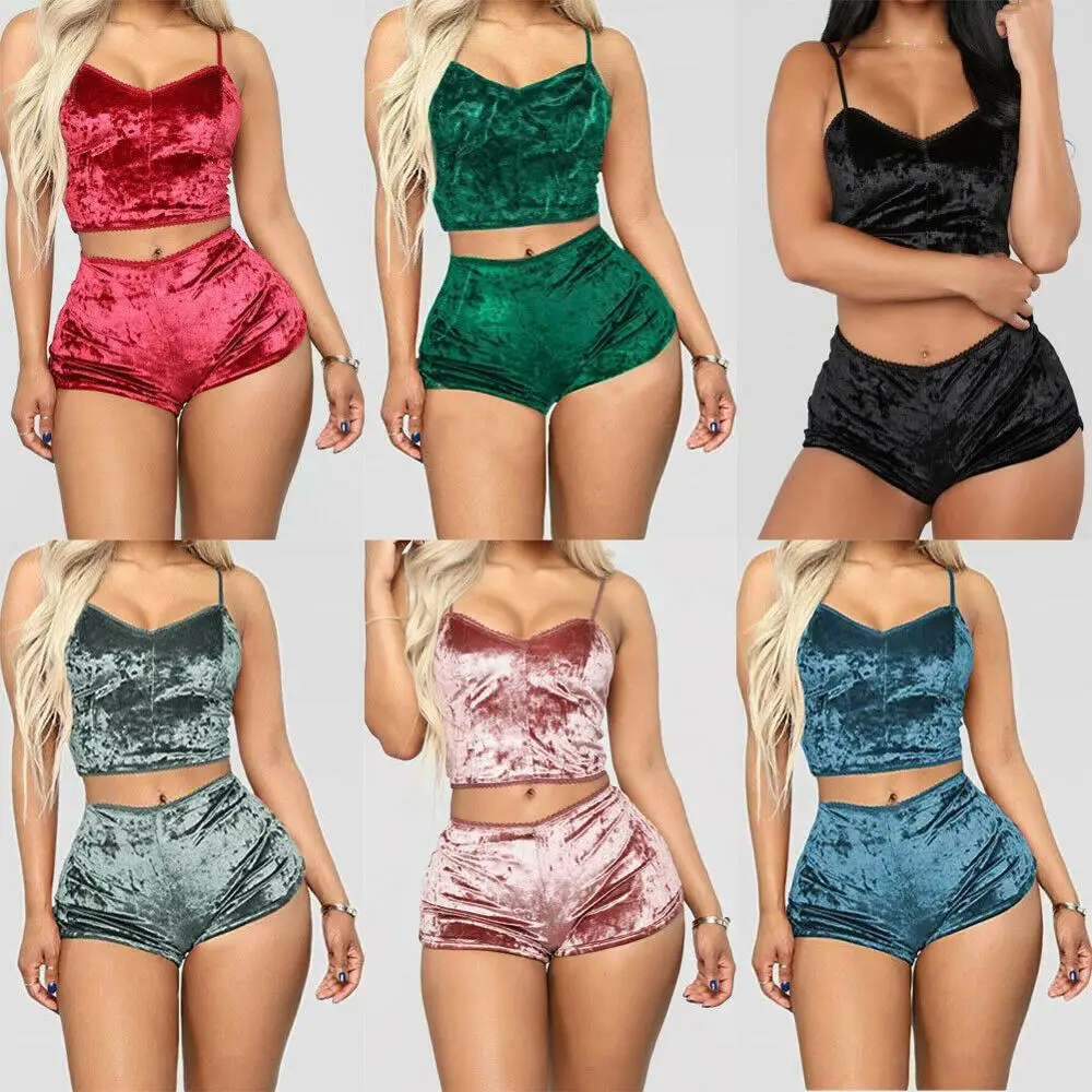 Fashion Women 2pcs Velvet Sleepwear Sexy Spaghetti Strap Velvet Shorts Pajama Set Ladies Sleepwear female Pajama Party Set