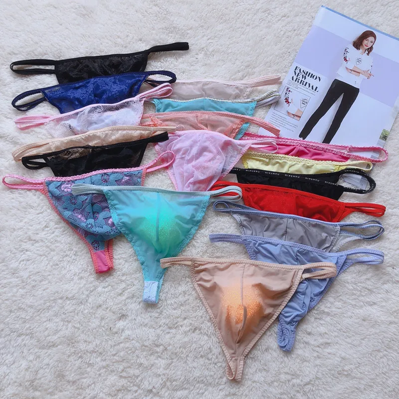 10pcs  Korean and Japanese New Men's Thong Sexy Lace Mesh Transparent Temptation Sexy Ice Silk Thin Belt T-Back