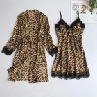 Пижамный комплект женский леопардовый, атласная одежда для сна, шелковая ночная рубашка, комплект из 2 предметов, кружевной пижамный комплект для сна и отдыха, Осень-зима