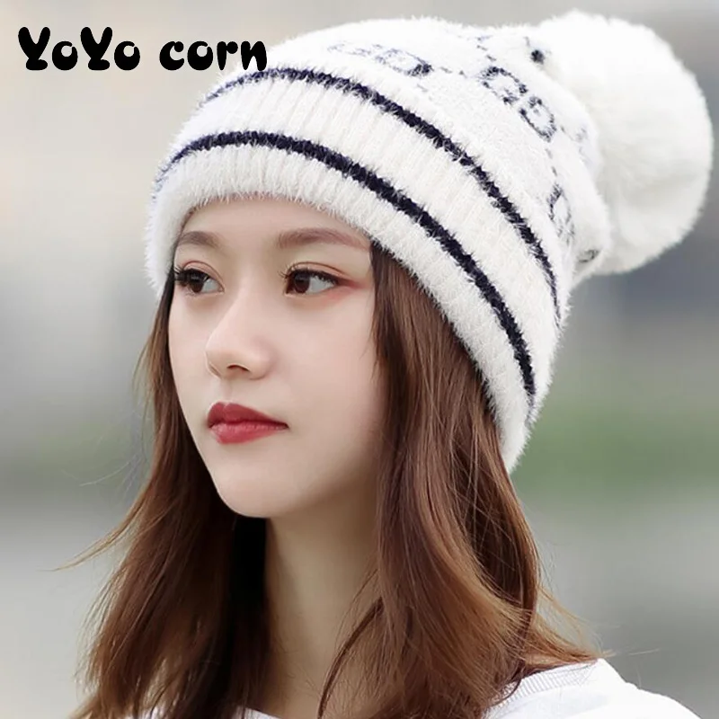 Осенне-зимняя вязаная шапка YOYOCORN женская из шерсти с помпоном имитацией теплая