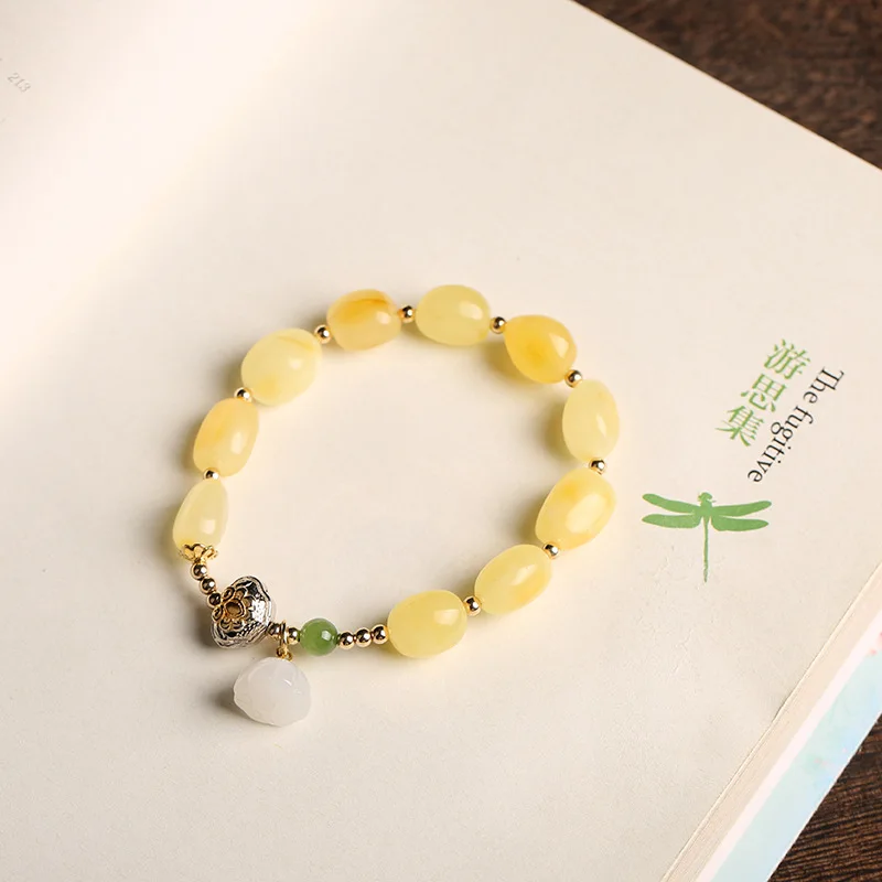

Hot Handmade Boutique Natural Beeswax Amber Bracelet Women Fine Jade Pendant Female Style High-end Bracelets