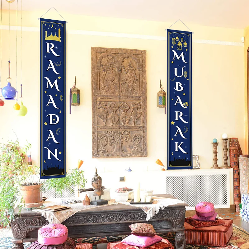 

1 Pair Ramadan Mubarak Porch Banner Eid Mubarak Outdoor Decoration For Home Islamic Muslim Hanging Pendant Eid Al-Fitr Curtain