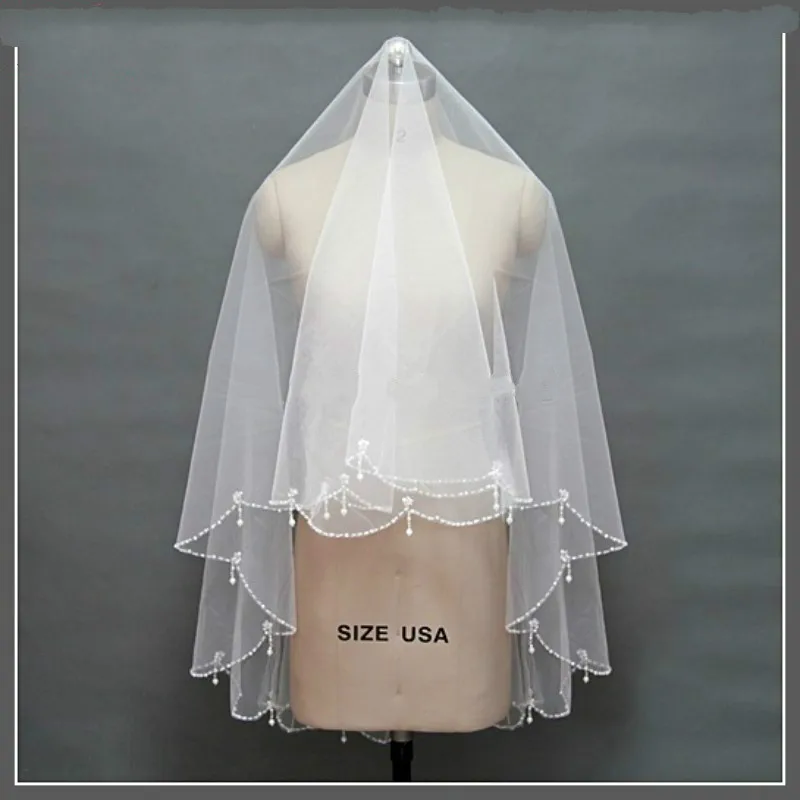 

Real photos Beading Edge Wedding Bridal Veil White Ivory Bride Veils Two Layers Elbow Length Veil