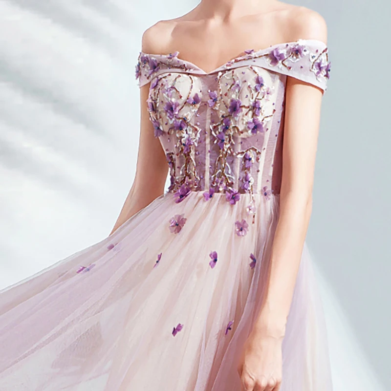 

Evening Dresses Illusion Off The Shoulder Tulle Strapless Appliques Beading Floor-Length A-Line Sequined Women Formal Gown TS584