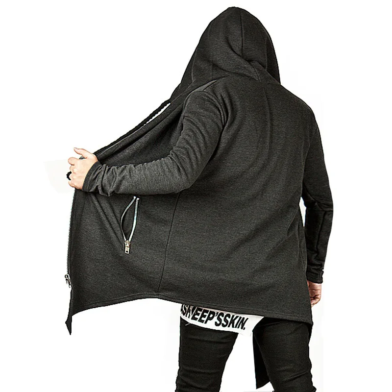 Men black gray hip hop long hoodies with thick string zippers hooded coat man vintage streetwear casual cosplay sweatshirts | Мужская
