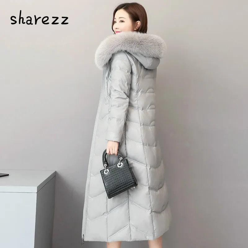 Женская куртка из натуральной кожи, пуховое пальто, большие размеры 4xl 5xl, модные женские зимние парки с лисьим мехом и воротником на белом утином пуху