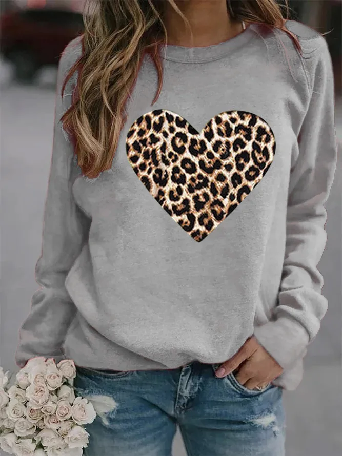 

RED 2 Leopard Heart Printed Hoodies Women Fleece Long Sleeve O Neck Loose Sweatshirt Girl Women Hoodie Pullovers Winter Autumn