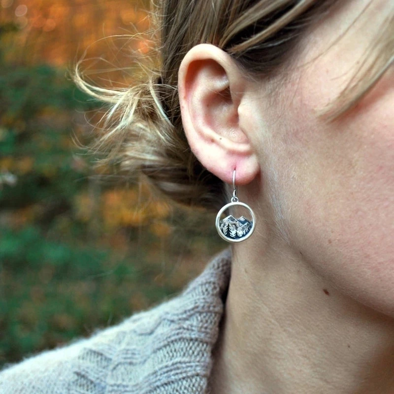

Mountain Pine Tree Round Hanging Silver Color Earrings Women's Party Anniversary Jewelry Gifts