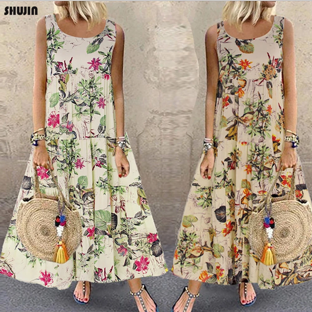Женское винтажное платье макси с цветочным принтом повседневное длинное без
