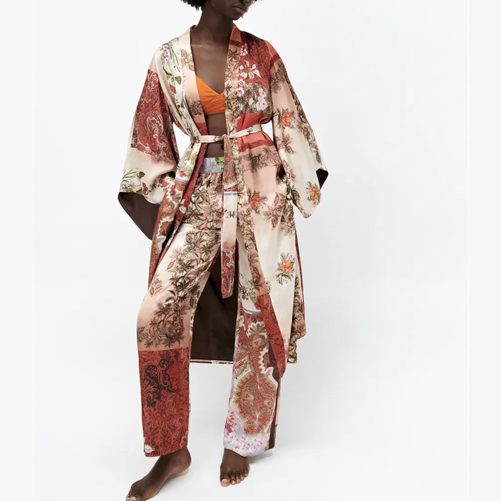 

2021 ZA new women's clothing retro fashion pajamas patchwork printed kimono coat pants suit RA 7809018 7807018