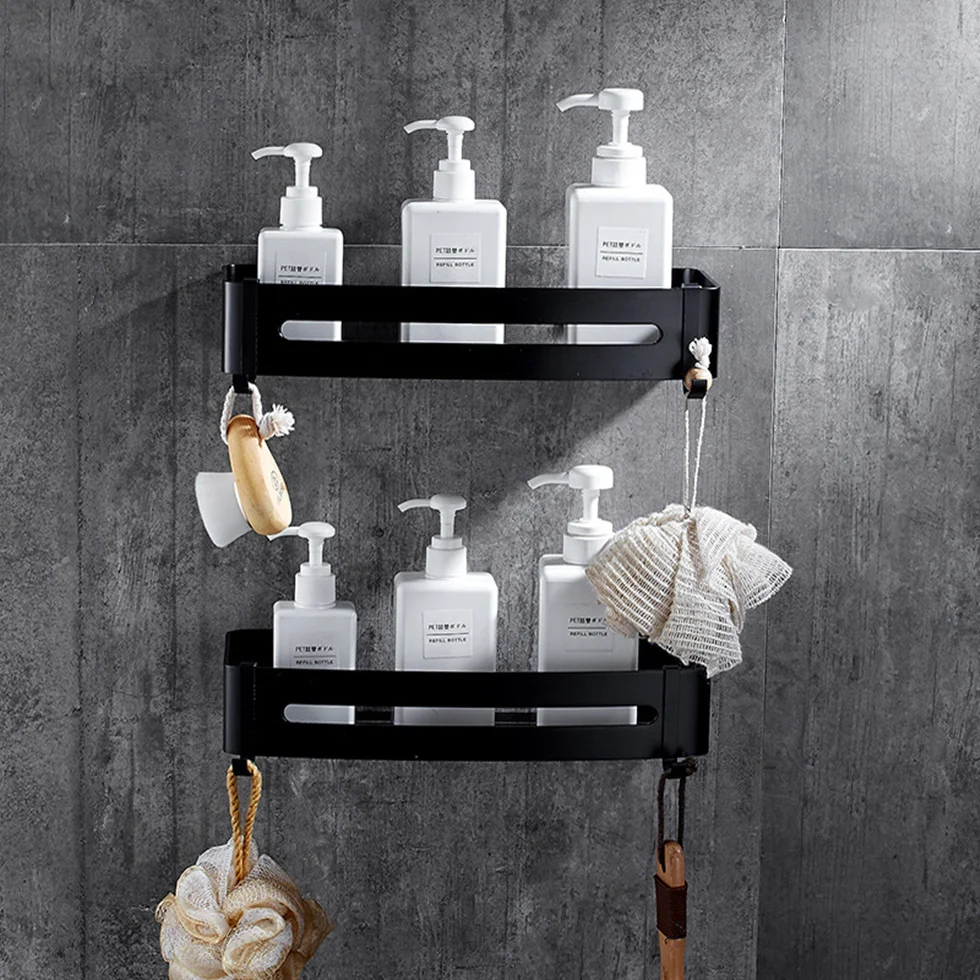 

Black Square Shower Caddy Bathroom Corner Shelves Wall Mounted Space Aluminum 1/2/3 Tier Storage Shelf Baskets etagere bain