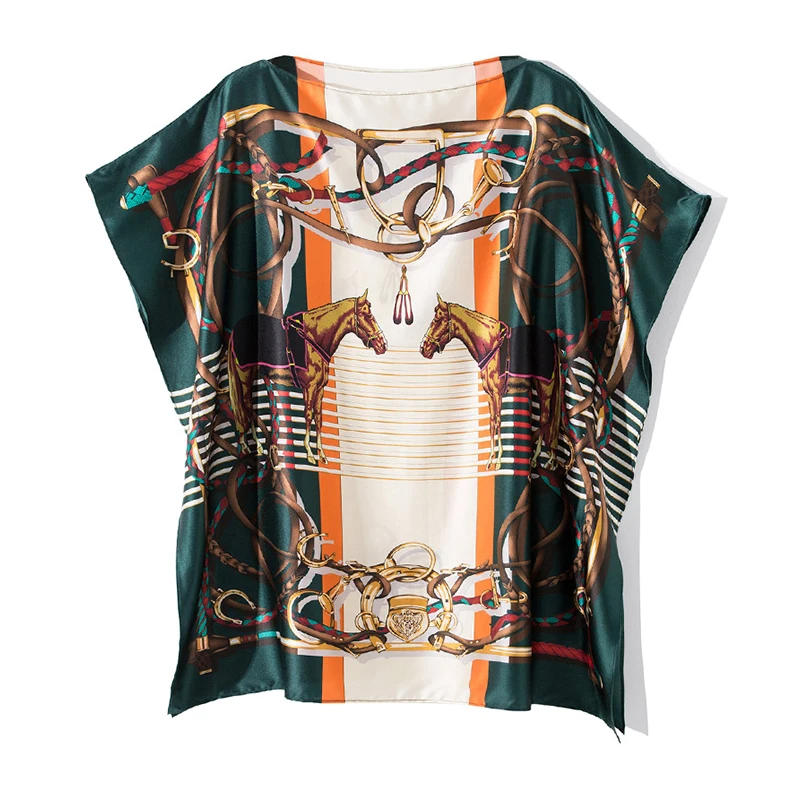 

High Quality Silk Shirt Female Short-sleeved Shirt 2021 Summer Vintage Designer Loose Printed Luxury Elegant Blouse Top Clothes